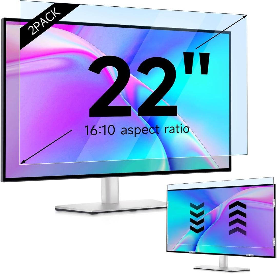 IPROKKO 2 Pack 22 inch Anti-Blue Light Monitor Screen Protector for 16:10 Widescreen, Removable Anti Glare Blue Light Blocking Screen Filter, Anti-UV Eye Protection PC Computer Film [Washable Wipes Clean]
