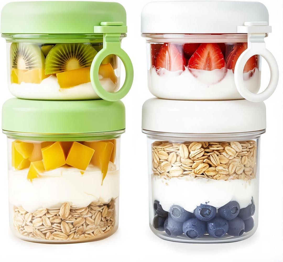 LKTKJDS On the Go Yogurt Parfait Snack Cup 26 oz with Spoon & Lid, 100% Leak Proof Granola Holder for To Go Breakfast Cereal Fruit Overnight Oats Container Reusable, Travel Hiking Camping 2 Pack (White and green Oatmeal Cup)