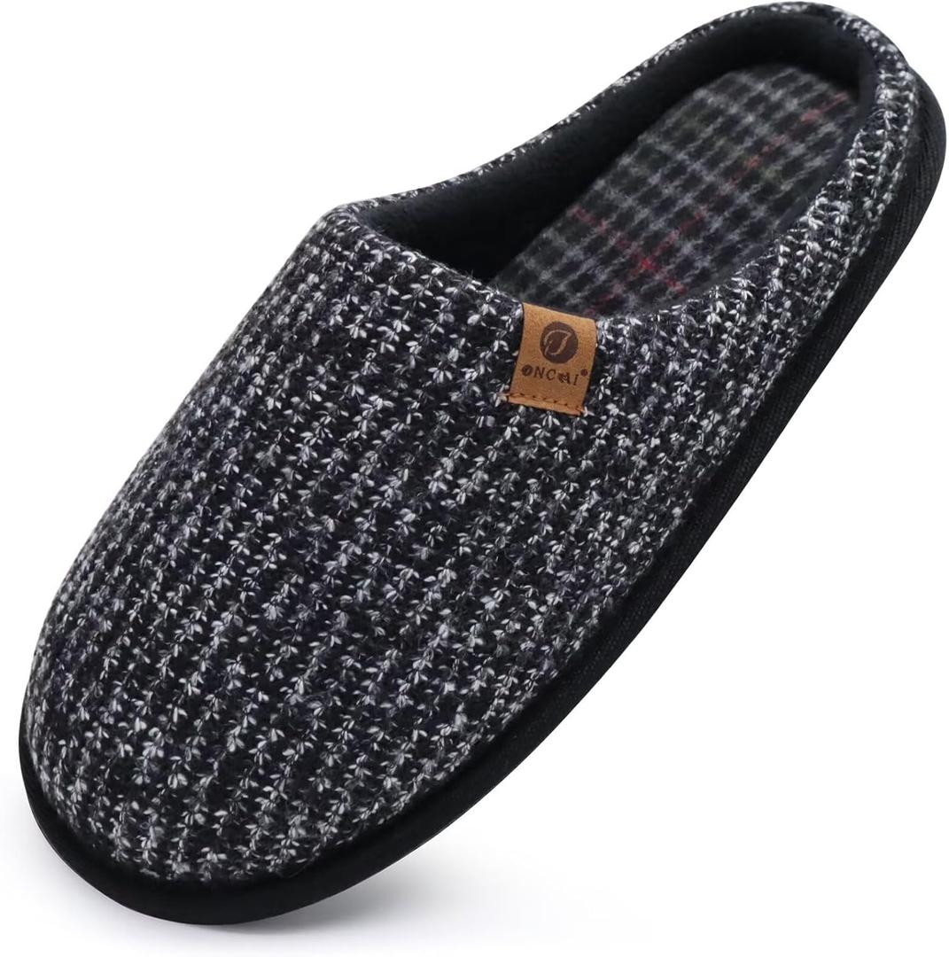 ONCAI Mens Black Knit Stripes Cozy Memory Foam scuff Slippers Slip On Warm House Shoes Indoor/ Outdoor With Best Arch Surpport (Size 8.5, Black)