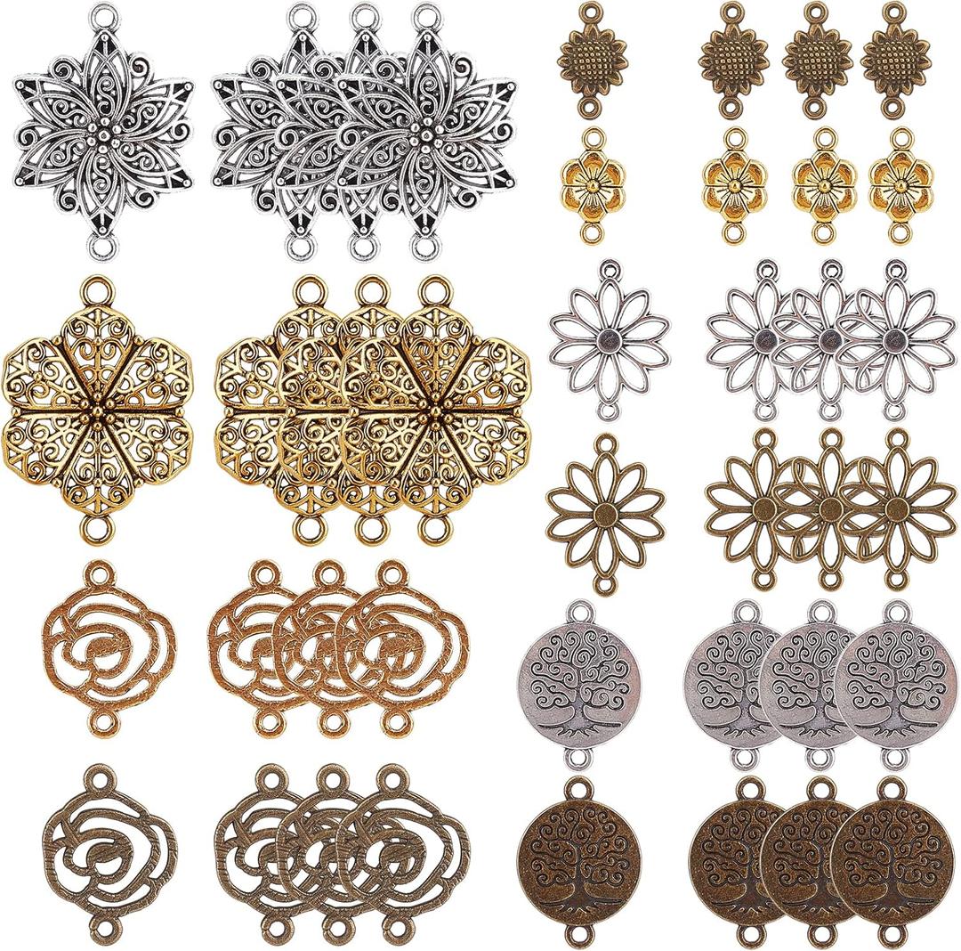 SUNNYCLUE 1 Box 60Pcs 10 Styles Filigree Connectors Charms Gold Filigree Connectors Tibetan Style Silver Bronze Metal Findings for Jewelry Making Charms Bracelet Earring Necklace Crafts