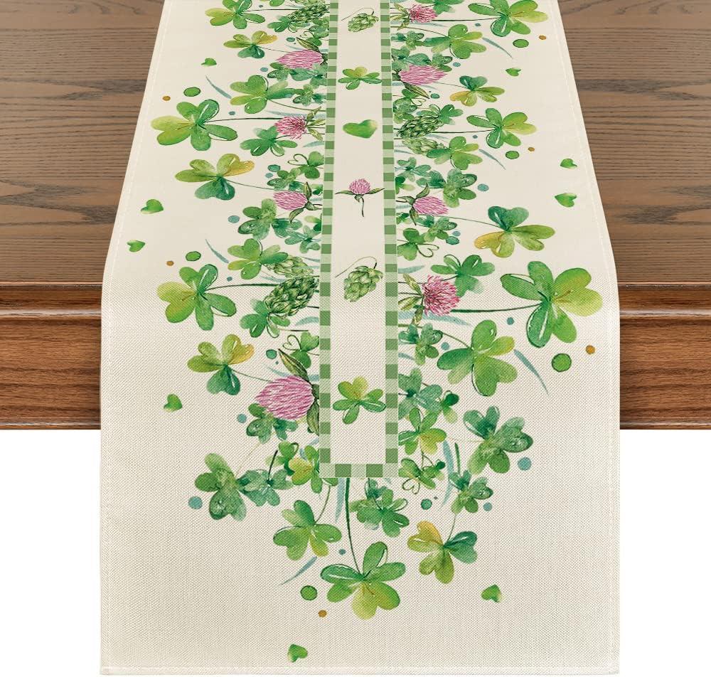 Artoid Mode Shamrocks Flower St. Patrick's Day Table Runner, Seasonal Holiday Kitchen Dining Table Runner for Home Party Decor 13x72 Inch (Green)