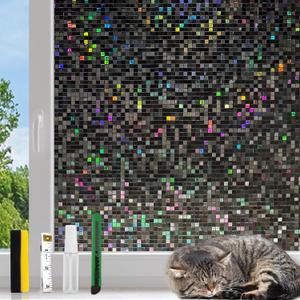 KESPEN Blackout Window Privacy Film, Mosaic Rainbow Decorative Stained Glass Cling, No Glue Self-Adhesive Window Tint Decals for Home and Door Covering, Blackout, 23.6 Inch X 6.5 Feet