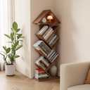 6 Tier Tree Book Shelf, Floor Standing Bookshelf for Small Space, Tall Narrow Bookcase for Storing Book/CD/Ornament, Small Bookshelf for Bedroom, Home Office, Living Room, Corner(Walnut)