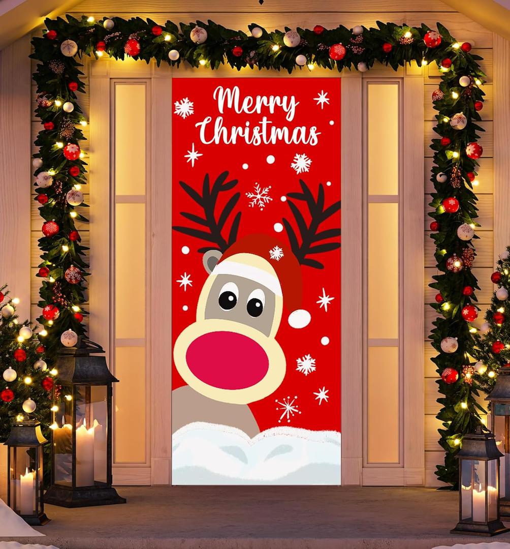 Christmas Door Cover Decorations Reindeer Front Door Cover Reindeer Background for Holiday Xmas Hanging Banner Christmas Door Decorations Home Decor