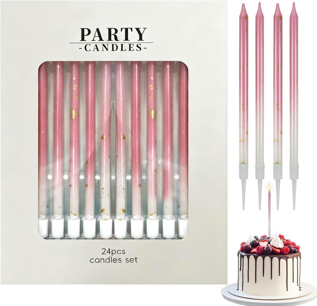 24 Pcs Pink Long Thin Birthday Candles with Holders, Birthday Candles for Cake and Cupcake, Party and Wedding Decorations (Pink)