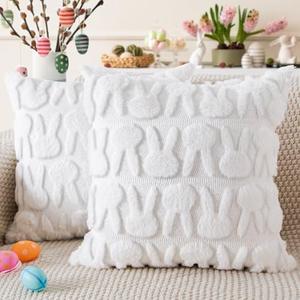 Set of 2 Packs, RUQILEN Easter Pillow Covers, 18x18 Inch Set of 2 White Rabbits Throw Pillow Cover, Easter Bunny Decorative Square Luxury Cushion Case Pillow Shell for Home Sofa Couch Living Room Decor- White