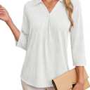 Womens 3 4 Sleeve Blouse Long Sleeve Business Casual Tunic Tops V Neck Work Tops Textured Dressy Casual Shirts (White, L)