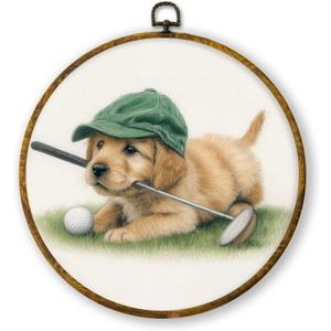 3 x QZQE Golden Retriever Golf Nursery Round Wall Art Decor Framed, Golden Retriever Gifts Circle Canvas Prints, Dog Sports Circular Wall Hanging Decor for Sport Room Kids Nursery Bedroom, 10x10 Inch (Colour 01)