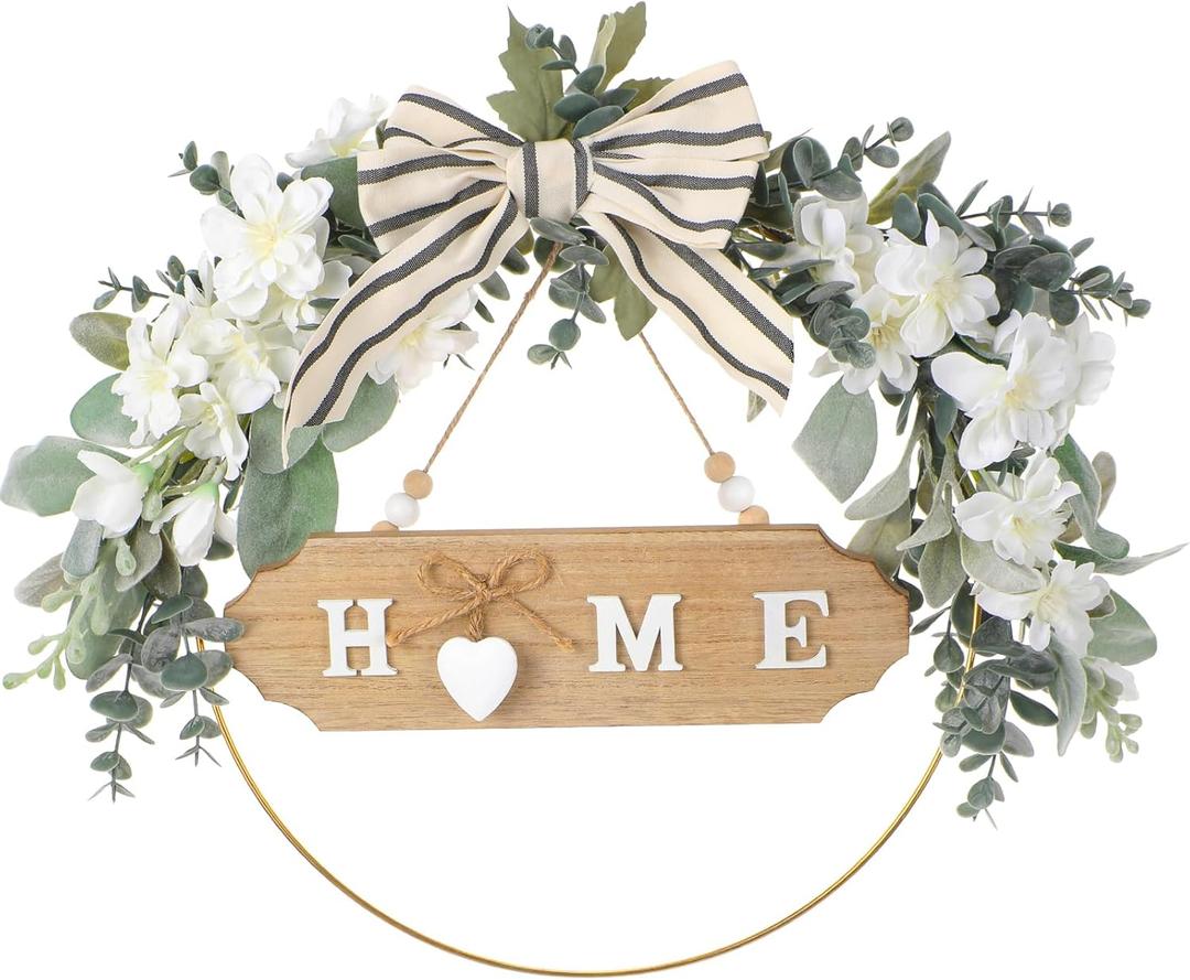 Home Wreaths for Front Door - 12 Inch Hanging Wooden Wreath with Bow for Farmhouse Indoor Outdoor, Rustic Greenery Wreath with Eucalyptus Welcome Sign for Home Wall Housewarming Decor