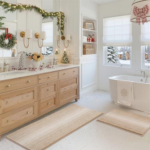 BSICPRO Bathroom Rugs and Mats Sets, 2 Piece Thick Absorbent Chenille Bath Mat Rug Set Non Slip, Soft Shaggy Bath Floor Mats for Bathroom, Machine Washable (20" x 47" Plus 16" x 24", Beige)