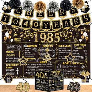 40th Birthday Decorations for Men Women, 16PCS Back in 1985 Party Banner Decorations, Including Vintage Backdrop, Cheers to 40 Years Banner, 7 Hanging Swirl, Poster Anniversary Card, 6 Paper Poms