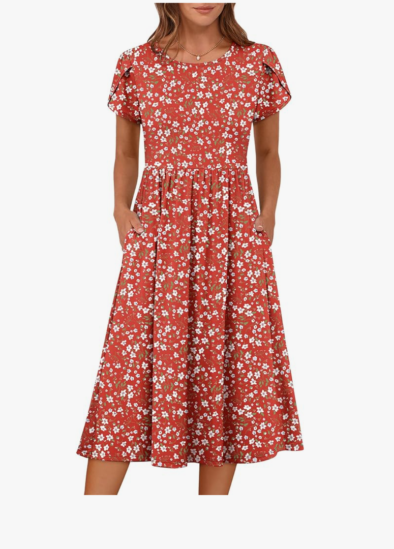 ANRABESS Women's Summer Short Sleeve A-Line Midi Dresses Casual Floral T-Shirt Dresses Flowy Beach Sundress with Pockets, Size Medium