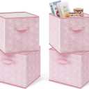 Collapsible Storage Cube Bins - Fabric Cubby Organizer,Flower Decorative Shelf Basket Dual Handles,13 Inch Rosegold Box For Nursery/Home Office/Closet/Kids Room/4-Pack(Blush Pink)