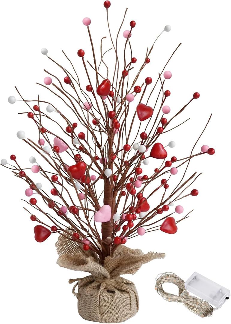 CRCZK 19" H Valentines Day Heart Table Tree Decorative Red Love Berries,20 LED Light UP Artificial Tree Decor for Valentines Day Party Home Decor,Valentine Classroom Decorations
