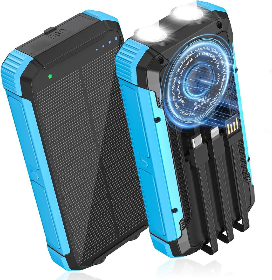 ERRBBIC Solar Charger Power Bank 20000mAh, Portable Wireless Charger, 15W Fast Charging External Battery Pack with Dual Flashlight and USB C Outputs, Outdoor Mobile Power Compatible with Cell Phones (Blue)