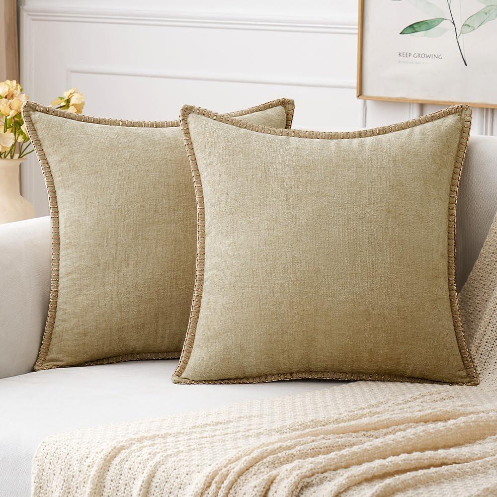 MIULEE Pack of 2 Couch Throw Pillow Covers 26x26 Inch Beige Farmhouse Decorative Pillow Covers with Stitched Edge Soft Chenille Solid Dyed Spring Pillow Covers for Sofa Bed Living Room