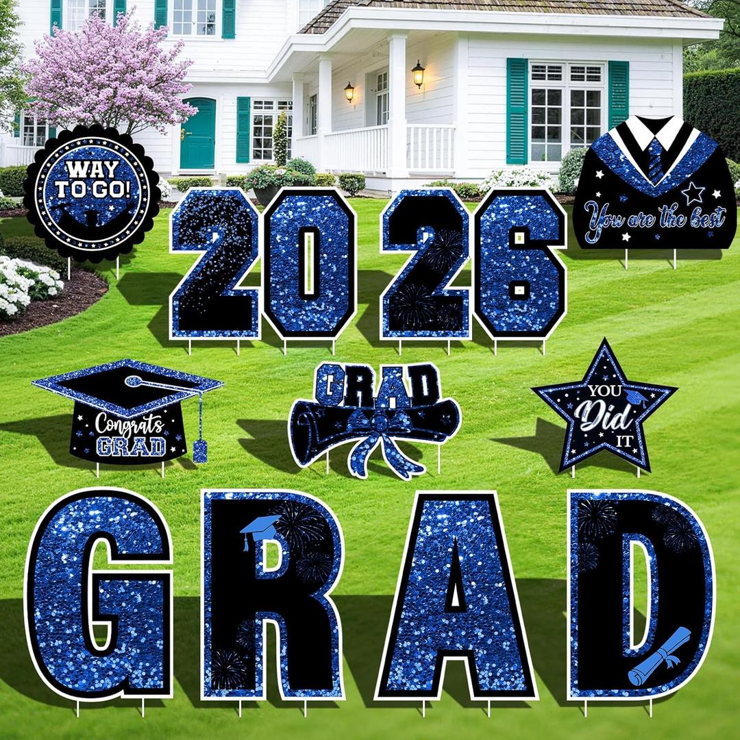 Class of 2026 Yard Signs, 11PCS Blue Black 2026 Graduation Yard Decorations Large Congrats Grad Lawn Sign with Stakes for Outdoor Senior High School College Garden Prom Send Off Party Decor Supplies