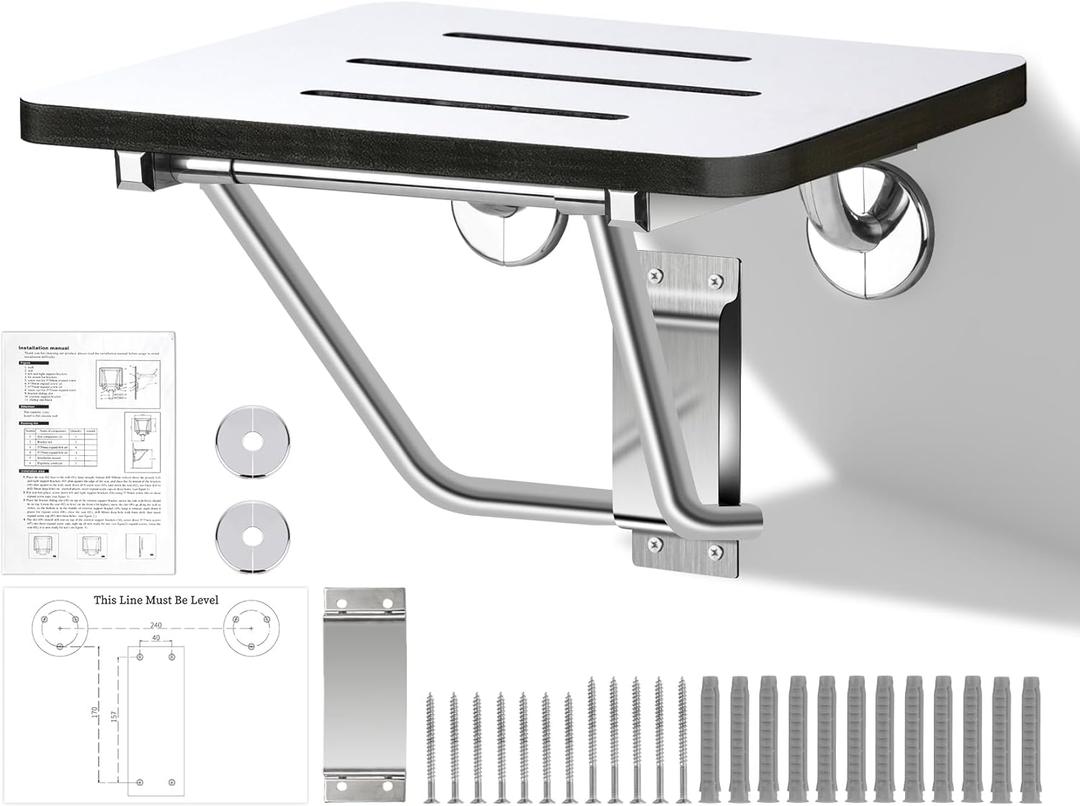 18" Foldable Wall Mounted Fold Down Shower Seat, ADA Compliant Folding Shower Bench with Phenolic Resin Surface No Peeling No Cracking, Triangular Stainless Steel Frame, 420lbs Capacit