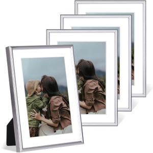 4x6 Picture Frame Set of 4, Matted Silver Simple Modern Brushed Thin Aluminum Metal Photo Frame Fits 3x5 with Mat or 4 x 6 without Mat Vertical and Horizontal for Tabletop and Wall Mounting