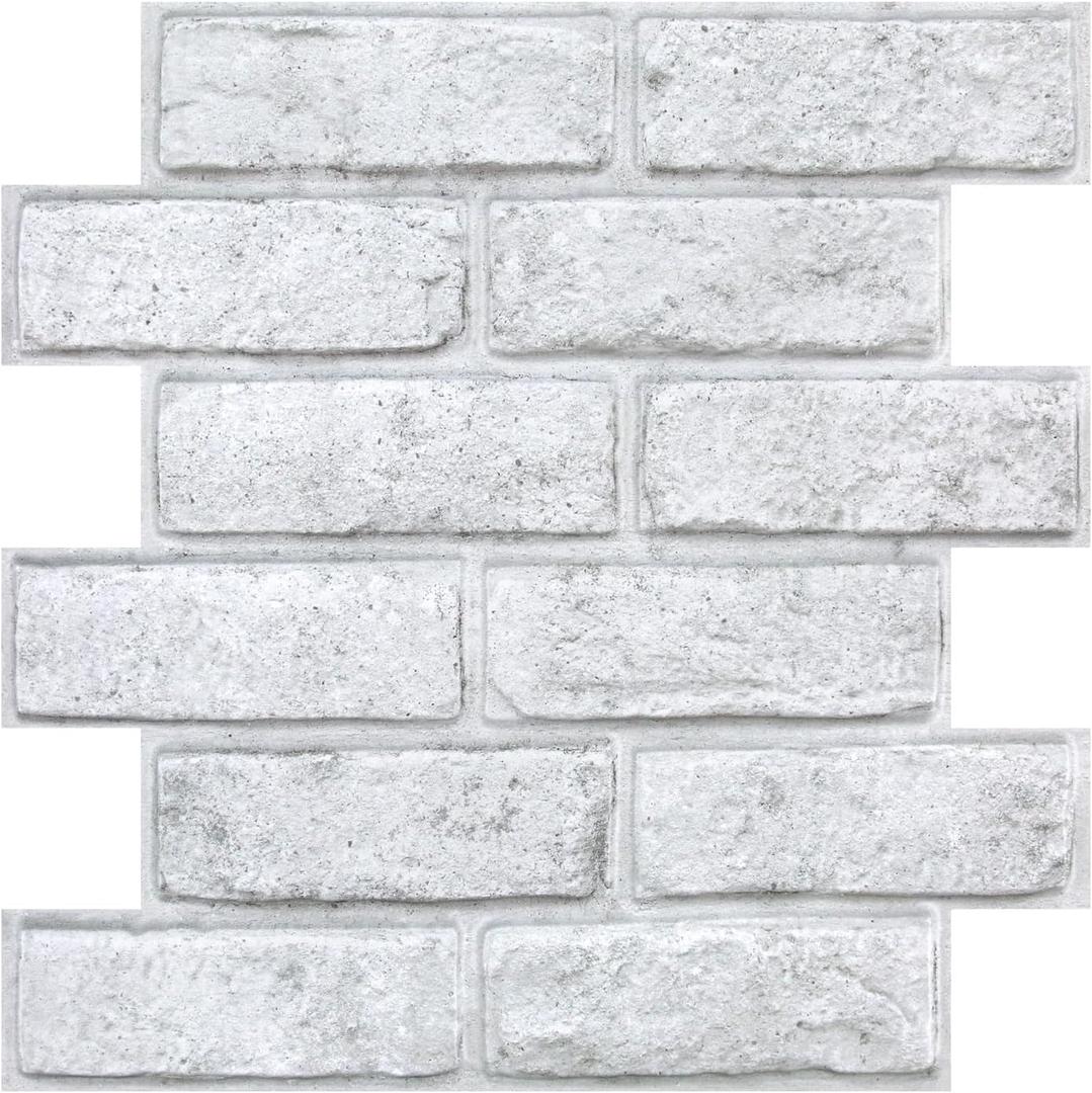 3D Faux Brick Peel and Stick Wall Panels, White with Gray Spots, Small Size, Ultra-Light Thin PVC Fake Brick Decorative Tiles DIY Interior Decor, 10 Pcs of 12"X12", Not Real Brick