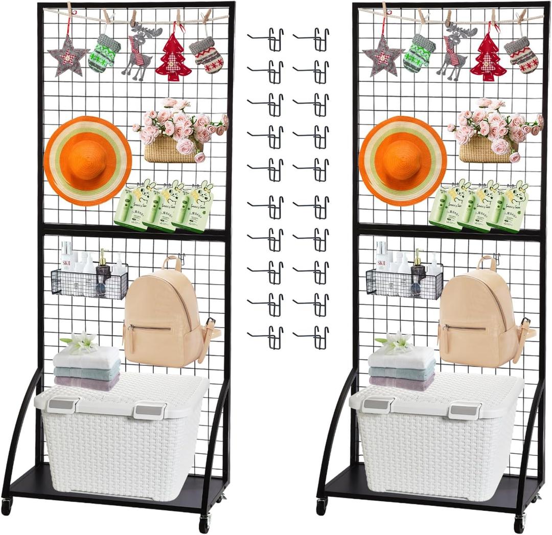 Eastern Tree Grid Wall Panels, Black Gridwall Panels Stand with Base Plate, Wire Grid Wall Panel Display with Wheels, Craft Show Display Rack, Retail Display with 20 Pieces Hooks, 2 Packs 2.5'x 6'