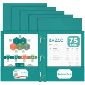 Two Pocket Folders, RAZCC 75 Pack Two Pocket Folders with Prongs, 3 Prong Folders Fit Letter Size Paper, Pocket File Folders for School Office Home Business, Turquoise