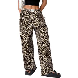 RoseSeek Women's Letter Leopard Print Straight Leg Pants Elastic Waist Y2K Trousers Bottoms with Pockets Red and White X-Large Plus