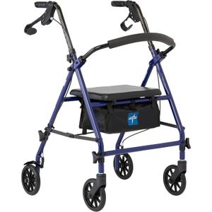 Medline Rollator Walker with Seat, Steel Rolling Walker with 6-inch Wheels Supports up to 350 lbs, Medical Walker, Blue