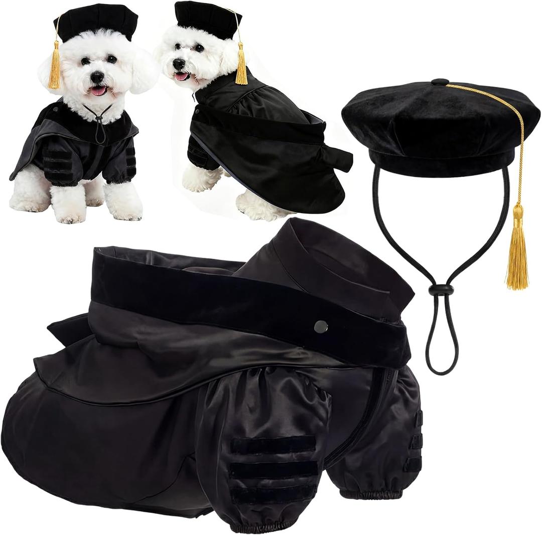 Huhumy 3 Pcs Dog Cat Graduation Doctoral Costume Set, 2026 Pet Phd Graduation Cap and Deluxe Doctoral Gown with Hood Side Tam Puppy Kitty Dogs Grad Holiday Party Costume Accessory(Black,M)