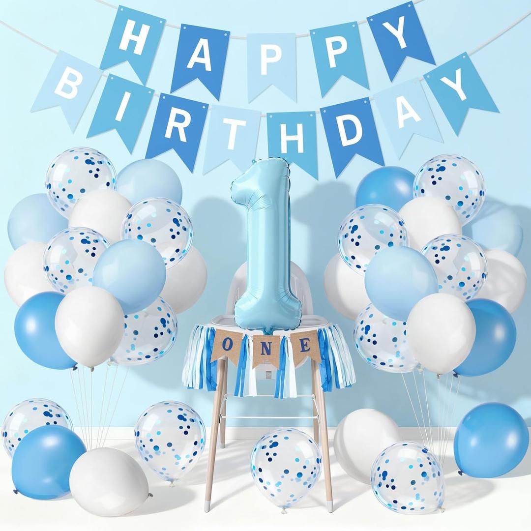 First Birthday Decoration for Boy, Blue Party Set with High Chair Banner, Number 1 Foil BalloonBalloons & Banner for Baby 1 Year Old Birthday Party Decor