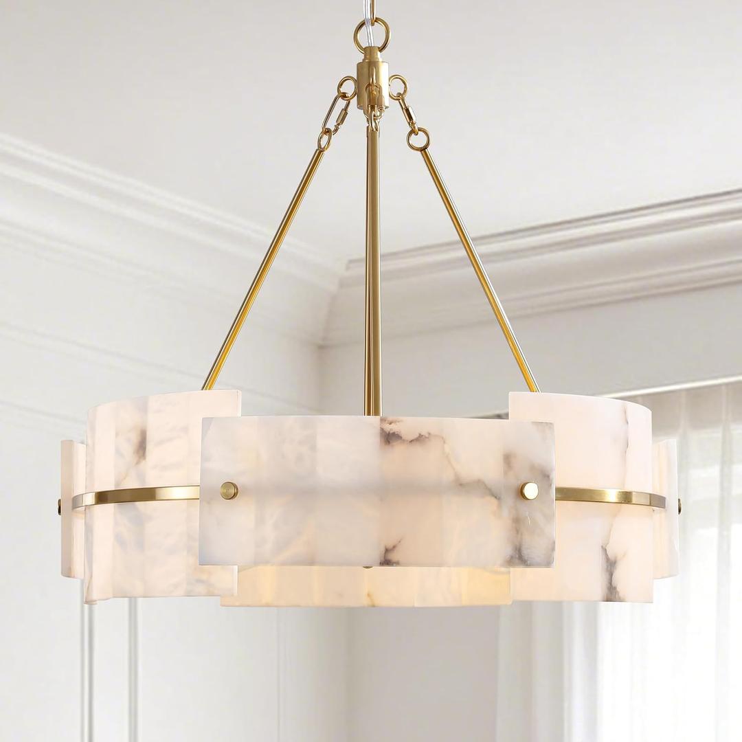 22” Alabaster Chandelier 4-Light Modern Gold Round Chandelier