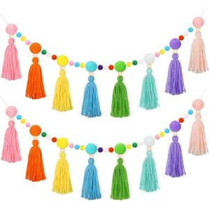 Janinka 2 Pcs 13 Feet Rainbow Pom Pom Tassel Garland Large Colorful Classroom Boho Tassel Banner Back to School Wall Hanging Decor for Classroom Home Nursery Baby Shower Party Supplies (Pastel Color)