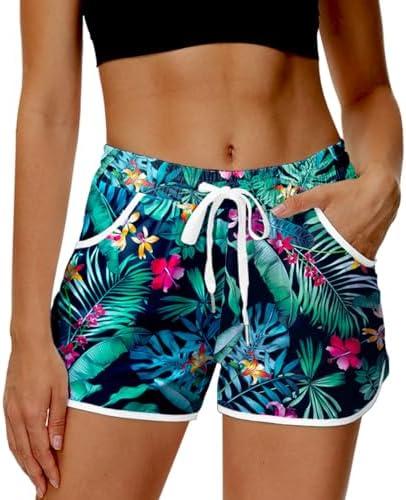 Deerose Women 4th of July Board Shorts Hawaiian Tropical Print Beach Swim Shorts with Pockets, Medium
