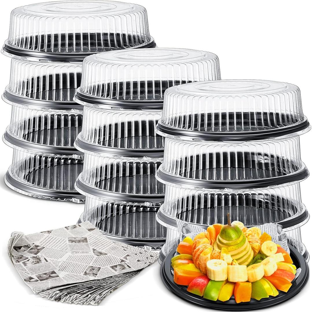Tessco for you 12 Pack Heavy Duty Repeatedly Plastic Serving Tray with Lid and 24 Pcs Deli Wax Paper Sheets Sets Large Party Platters with Clear Lids Stackable Round Food Serving Trays (Black,16inch)