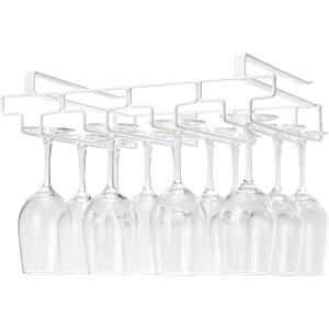 Wine Glass Rack Under Cabinet Drilling Free No Screw Steamware Holder Under Shelf Metal Wine Glasses Holders 304 Stainless Steel Hanger Storage Organizer Hanging Glass Fit for Bar Kitchen 4 Rows White