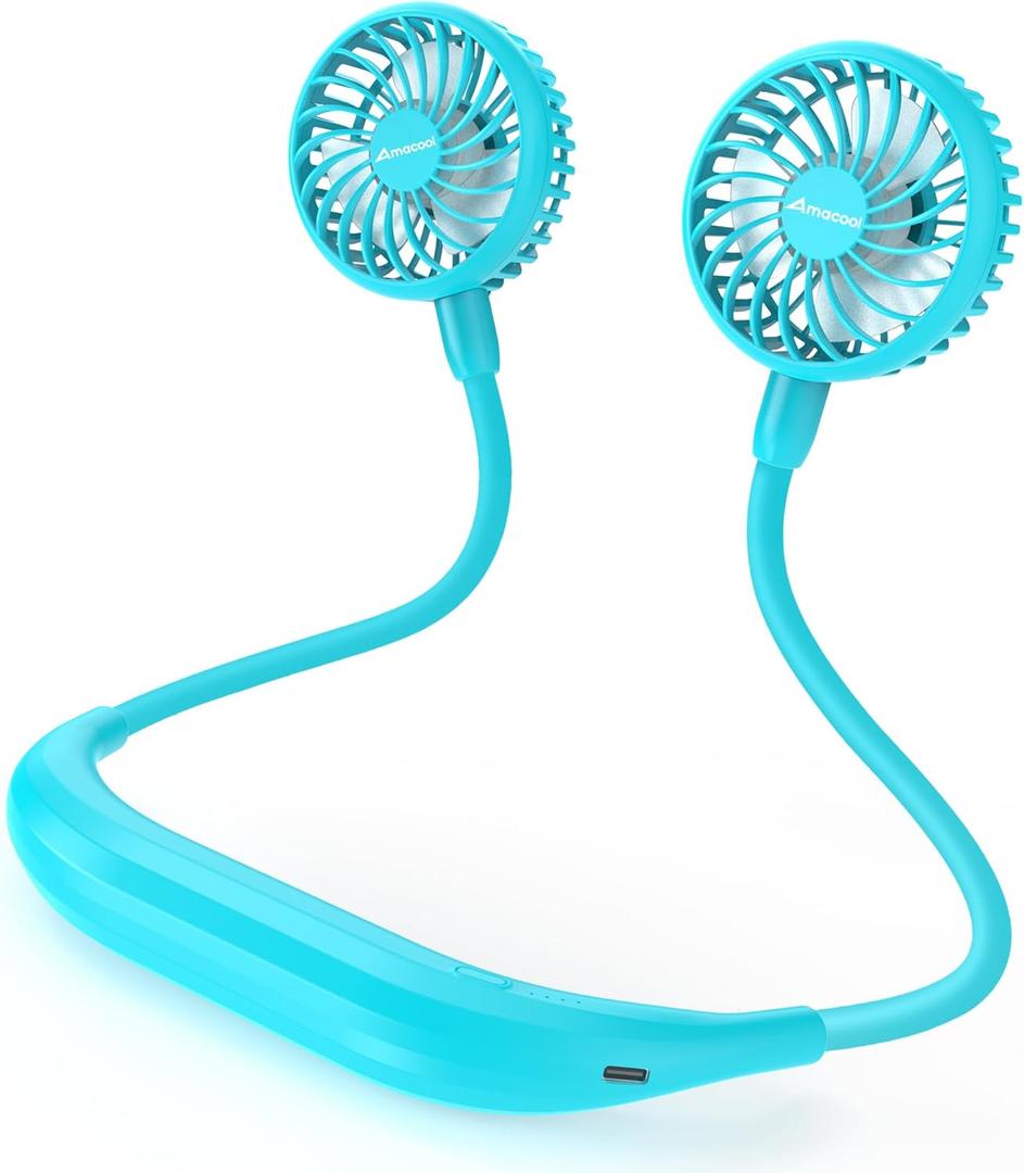AMACOOL 2600mAh Portable Neck Fan, Wearable Hands-Free Battery Operated with Ultra Quite & Strong Wind, 360 Adjustable Personal Fan Gifts for Women Hot Flashes Cruise Travel Outdoor Sports-Aqua Blue