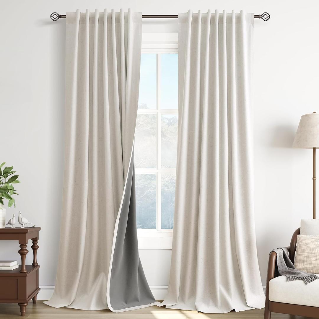 Cream Natural Light Blocking Linen Curtains 120 Inches Long Blackout Thermal Insulated Home Decor Curtains for Dining Room Farmhouse Textured Sliding Door Back Tab Hook Belt 2 Panel Sets 52x120 10Ft