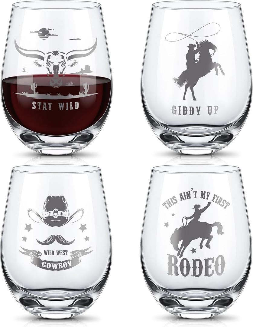 4 Pcs Western Horse Stemless Wine Glass Set, 14 oz Red White Wine Glasses, Western Horse Themed Gift for Use, Hosting, Home Bar, Evening Party, Birthdays, Shower, Housewarming