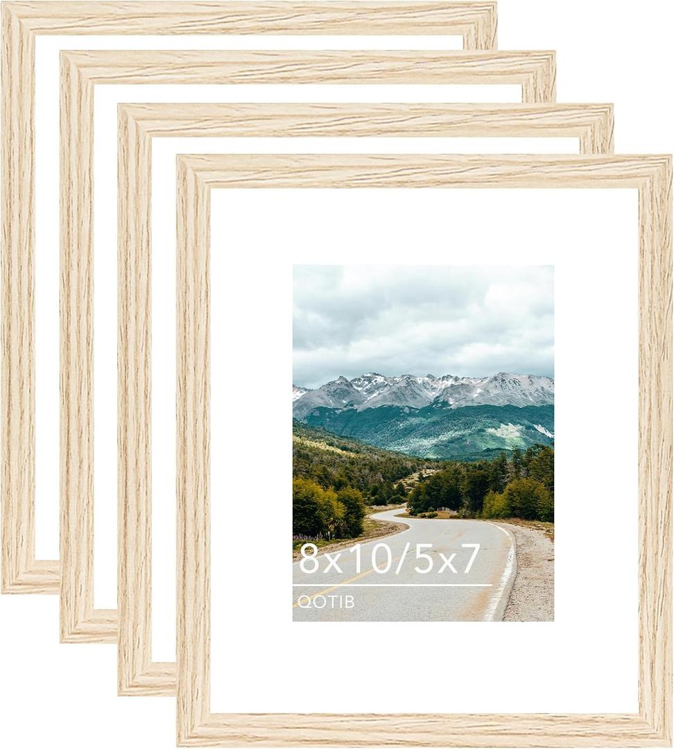 8x10 Wood Picture Frame with 5x7 Mat, Display 5x7 with Mat or 8x10 Without Mat, Wooden 8 by 10 Photo Frame, 8 x 10 Frame for Wall Hanging and Tabletop Display, 4 Pack, Natural Beige