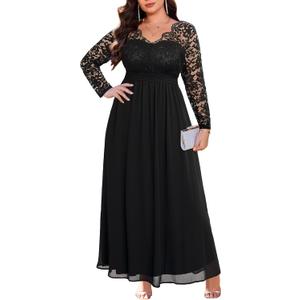 Plus Size Formal Wedding Dresses - Gowns Evening Prom Elegant V Neck Long Sleeve Lace Chiffon Long Maxi Dress (Black, 18 Plus)