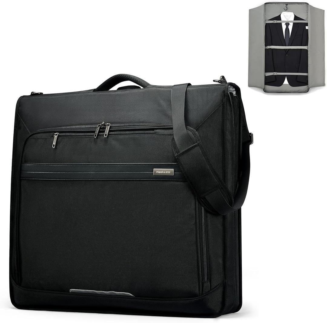 Hanke Premium Garment Bags for Travel, Business Travel Suit Bag with Wrinkle-Free System, Fits 4 Suits & 17.3'' Laptop, Carry On Garment Bag with Shoe Compartment, Shoulder Strap, Black