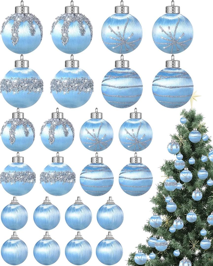 Poen 24 Pcs Christmas Balls Ornaments 3 Size Satin Silk Xmas Hanging Ball Decorations Luxury Shatterproof Christmas Tree Decor for Xmas Holiday Wedding Party Decoration(Lake Blue)