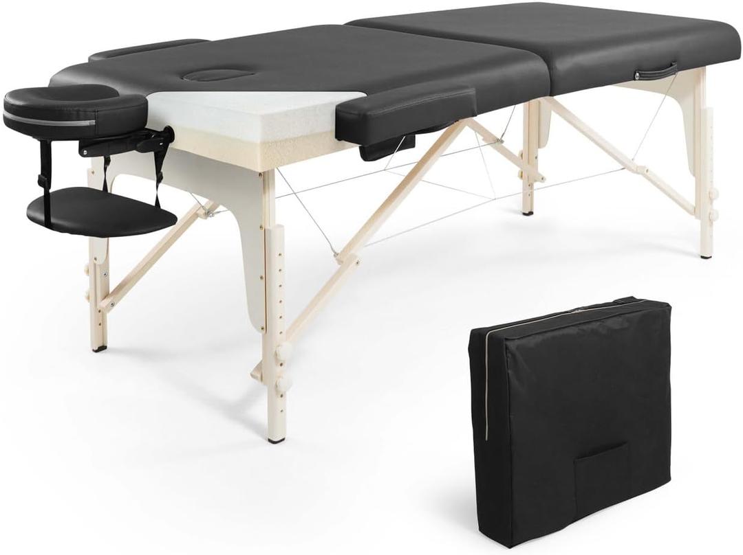 CAPHAUS Premium Memory Foam Massage Table, 84 Inch Foldable & Portable, Height Adjustable Spa Bed, Facial Cradle Salon Bed, Wooden Legs & Carry Case, 32 Inch Wide, Black