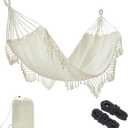 JoyView Boho Macrame Single Hammock with Hanging Ropes & Elegant Tassels 78.8x39.4 Portable Cotton Hammock for Patio Backyard Porch 300LBS Weight Capacity Perfect for Outdoor/Indoor - Beige Color