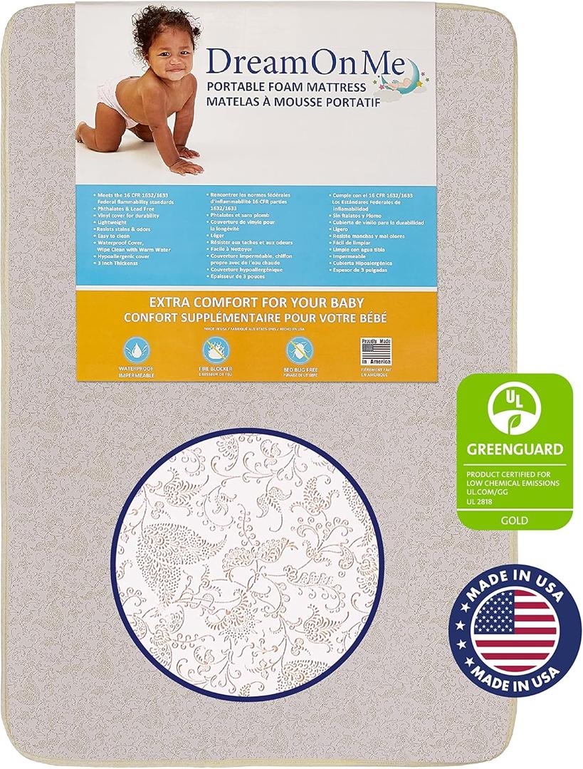 Dream On Me, 3 Inch Foam Pack and Play Mattress, White, White/Brown, 25C-GR (SR) 26x38 Inches