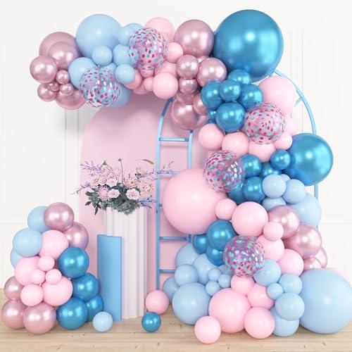 Amandir 153pcs Pink Blue Balloon Garland Arch Kit, Different Sizes 18 12 10 5 inch Metallic Pink Blue Latex Confetti Balloons for Boy Girl Gender Reveal Neutral Baby Shower Birthday Party Decoration