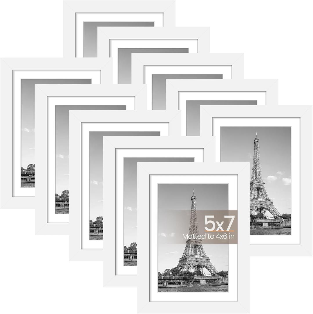 upsimples 5x7 Picture Frame Set of 10, Display Pictures 4x6 with Mat or 5x7 Without, Multi Photo Frames Collage for Wall or Tabletop Display, White