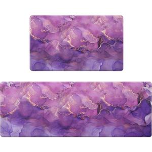 Likiyol Marble Kitchen Rugs Set of 2 Anti Fatigue Mats, Purple Ombre Non Slip Washable Comfort Mats, 18'' x 30'' + 18'' x 48''