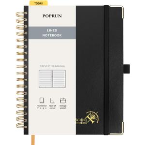 POPRUN Lined Spiral Journal Notebook for Women & Men, 7-1/4" x 9-1/2", 220 Numbered Pages, College Ruled Hardcover Notebook for Work, Journals for Writing, 120 GSM Thick Paper - Black