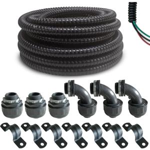 (1/2" Dia * 25 Feet) Yariwiz Black Special Extra Flexible Electrical Conduit Liquid Tight PVC Conduit Kit with 3 PCS Coupling, 3 PCS Elbow and 7 PCS Strap, Sealtight Seal Flex Liquidtight Wire